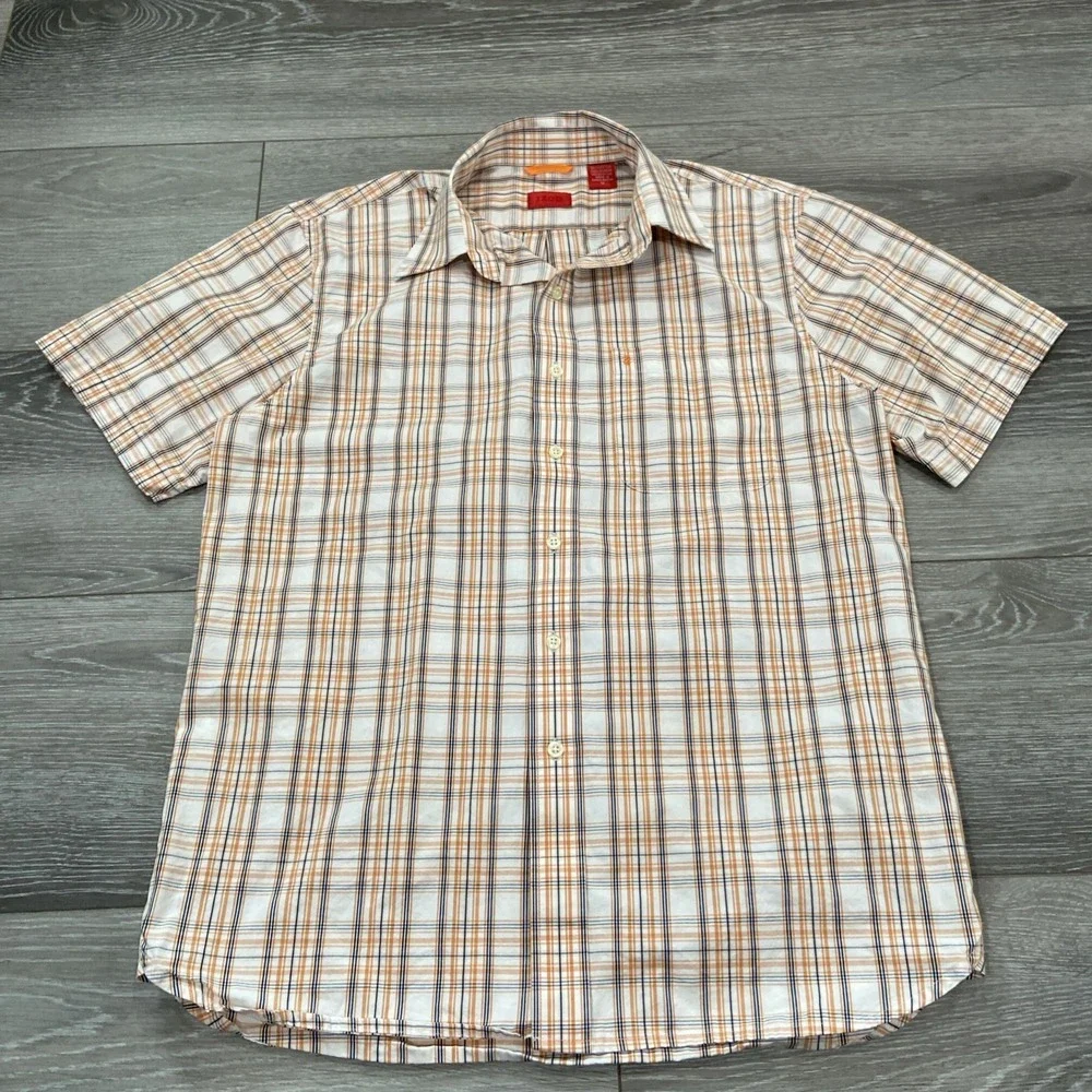 IZOD Short Sleeve Button-Down Shirt‎ Mens Size M Plaid Orange Navy White Logo